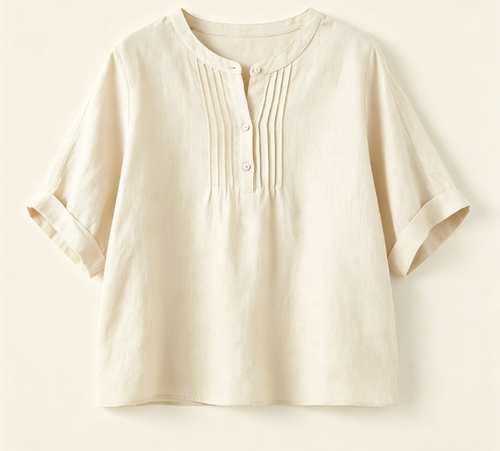 Blouse en lin à plis devant, col mandarin, manches courtes reversables pour femme, style décontracté estival