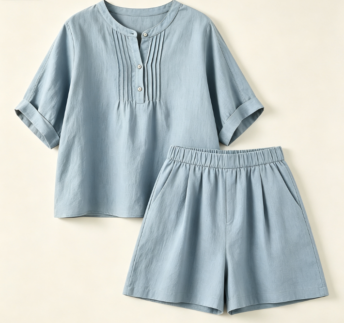 Ensemble deux pièces femme en lin : blouse à plis col mandarin + short assorti, style décontracté estival multiple coloris