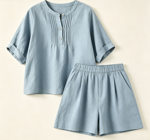 Ensemble deux pièces femme en lin : blouse à plis col mandarin + short assorti, style décontracté estival multiple coloris