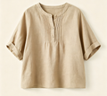 Blouse en lin à plis devant, col mandarin, manches courtes reversables pour femme, style décontracté estival