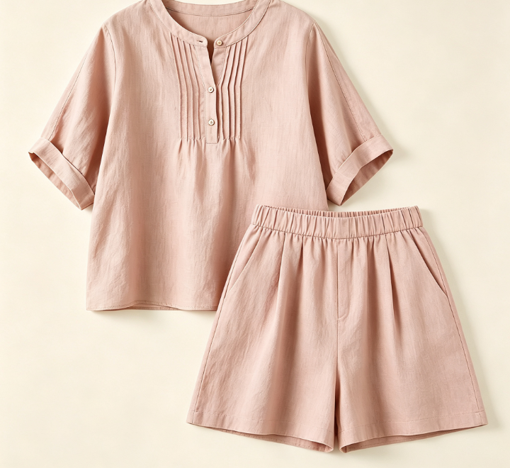 Ensemble deux pièces femme en lin : blouse à plis col mandarin + short assorti, style décontracté estival multiple coloris
