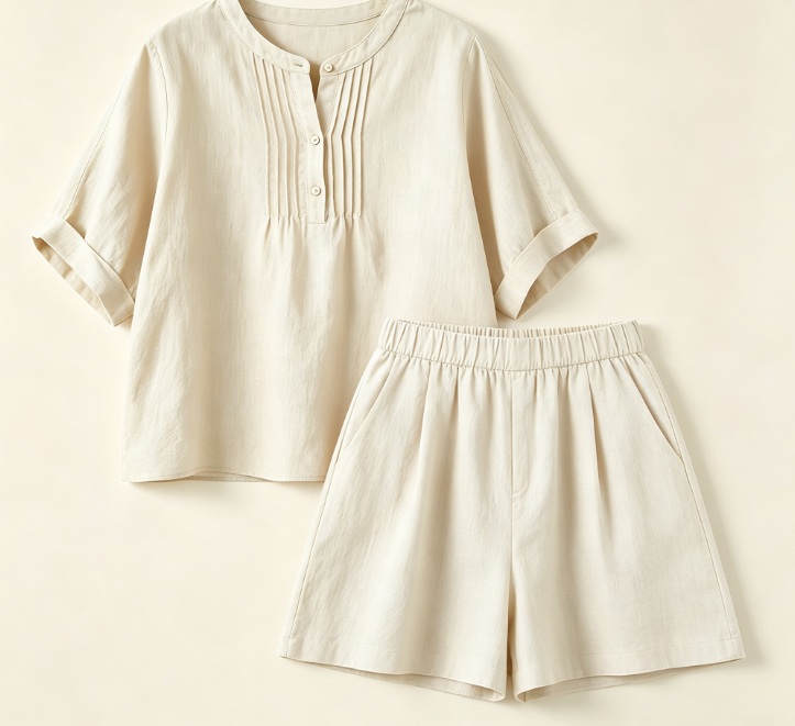 Ensemble deux pièces femme en lin : blouse à plis col mandarin + short assorti, style décontracté estival multiple coloris