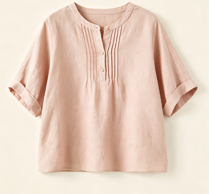 Blouse en lin à plis devant, col mandarin, manches courtes reversables pour femme, style décontracté estival
