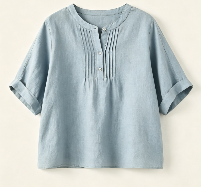 Blouse en lin à plis devant, col mandarin, manches courtes reversables pour femme, style décontracté estival