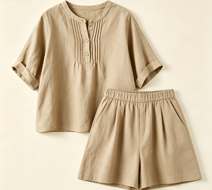 Ensemble deux pièces femme en lin : blouse à plis col mandarin + short assorti, style décontracté estival multiple coloris